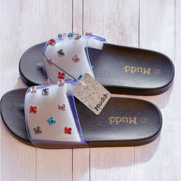 Women's Mudd Clear Rhinestone Embellished Pool Beach Slide Summer Sandal NWT - Picture 7 of 16